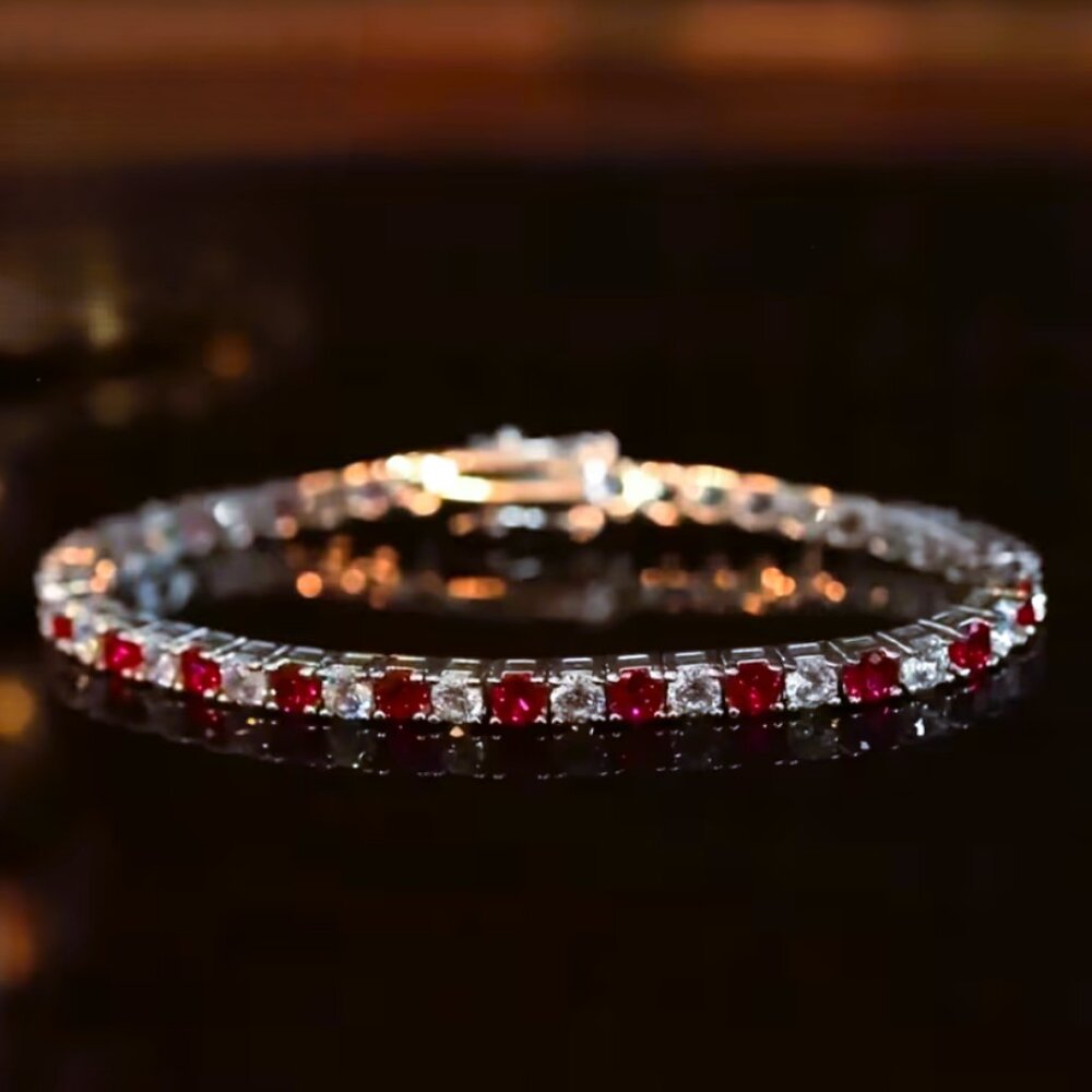 925 Silver Womens 1ct Diamond 2ct Red Ruby Gemstone Tennis Bracelet 7.5" Jewelry